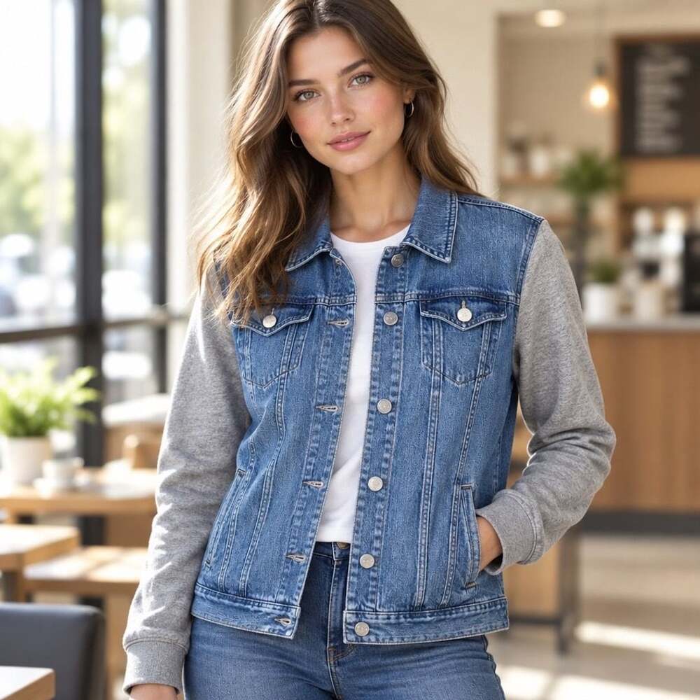 S&Co. Denim Jacket Size M Gray Sweatshirt Sleeves Blue Cotton